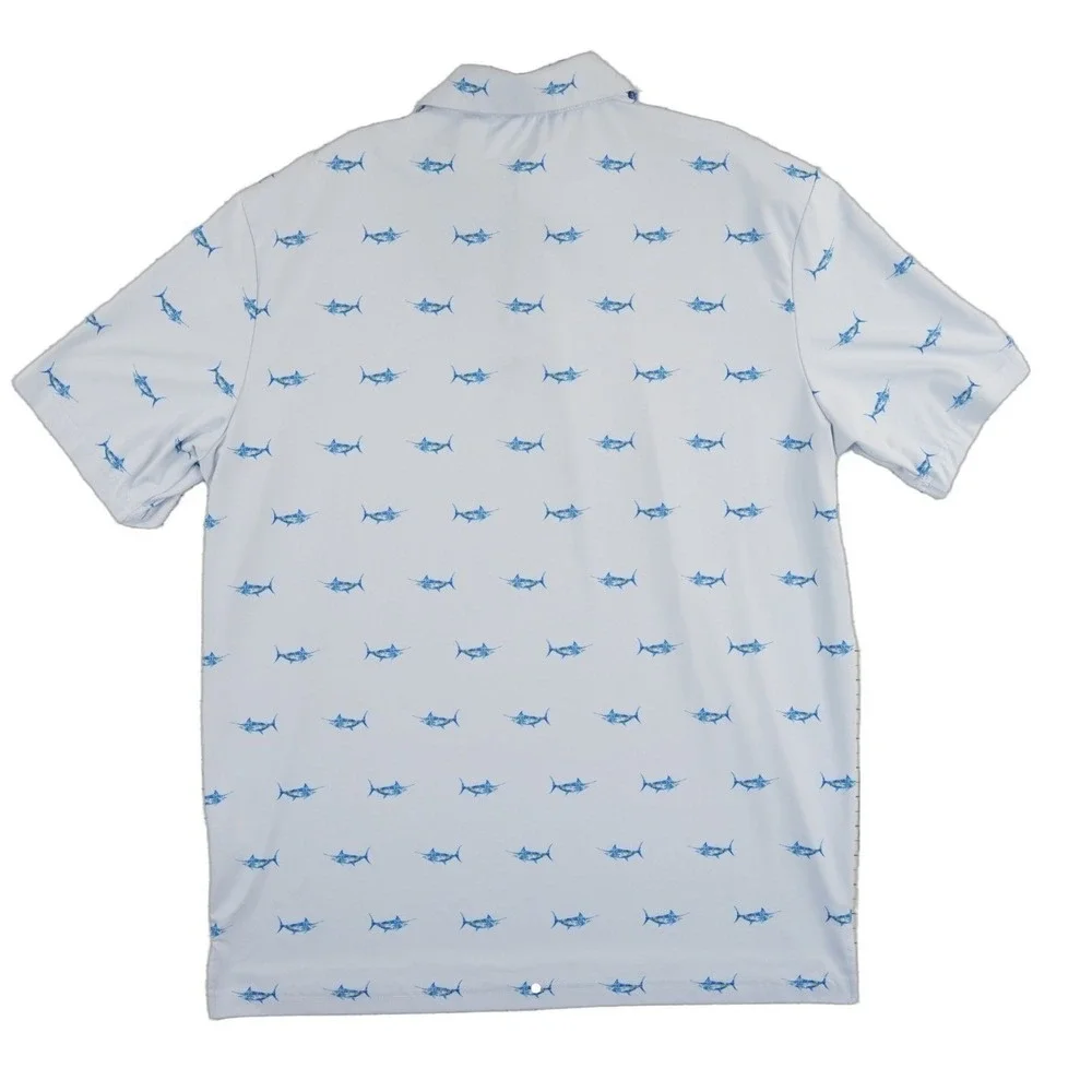 Scales Polo Shirt Men's Size Large Light Blue‎ Marlin Fish Performance Stretch